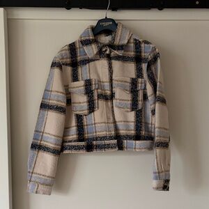 Altar'd State Beige and Light Blue Plaid Crop Teddy Jacket